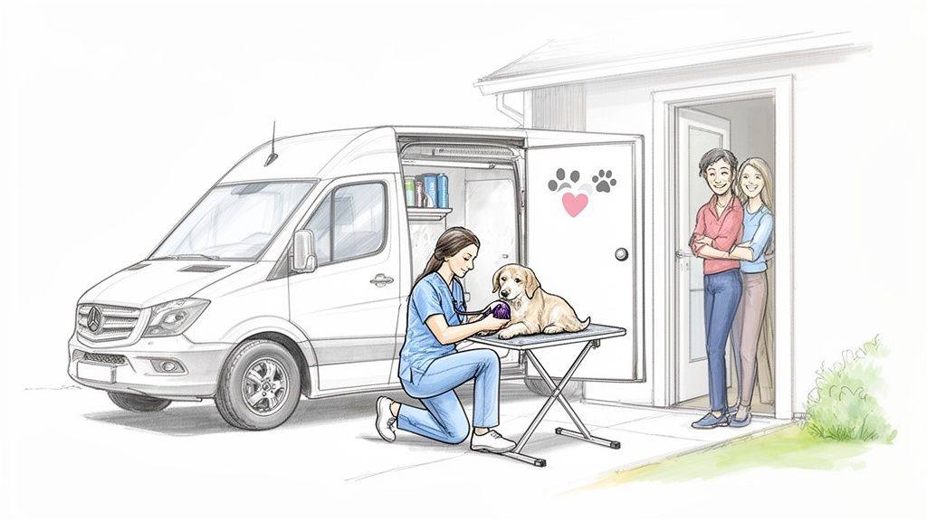 A mobile vet in blue scrubs examines a golden retriever puppy on a table as two women watch from a doorway.