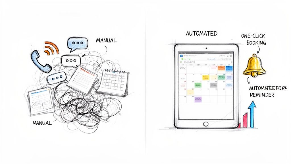 Visual comparison of manual, chaotic scheduling with efficient, automated digital booking software on a tablet.
