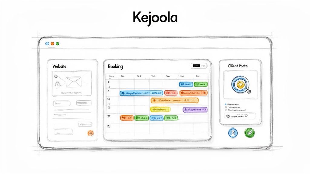 Hand-drawn sketch of a booking software interface, showing calendar, website, and client portal modules.