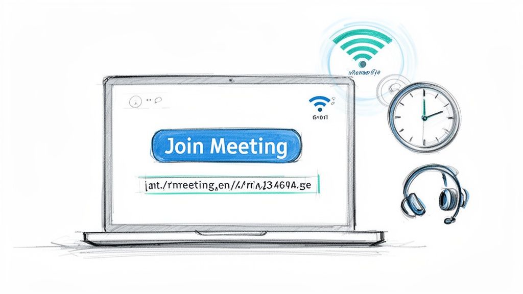 Sketch of a laptop displaying a 'Join Meeting' button, with WiFi signal, clock, and headset.