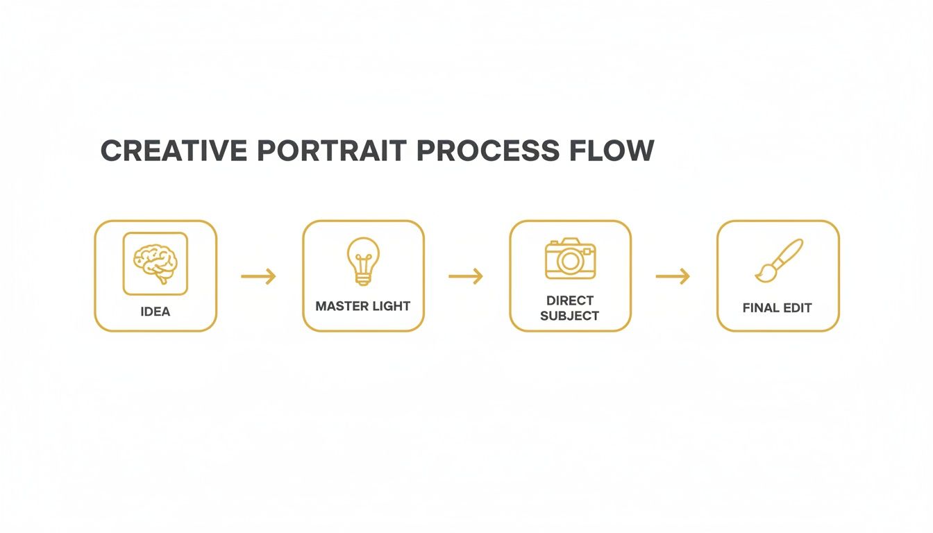 A diagram outlining the creative portrait photography process flow with four key steps: Idea, Master Light, Direct Subject, and Final Edit.