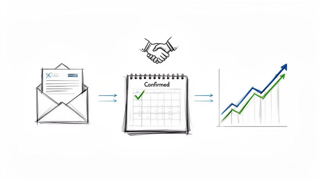 Sketch drawing of an email confirmation leading to a confirmed appointment on a calendar and subsequent business growth.