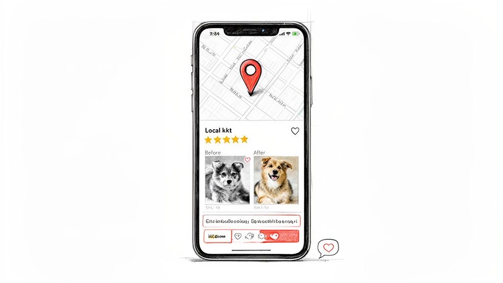 A mobile app screen showing a pet grooming service with map, 5-star rating, and before/after dog photos.