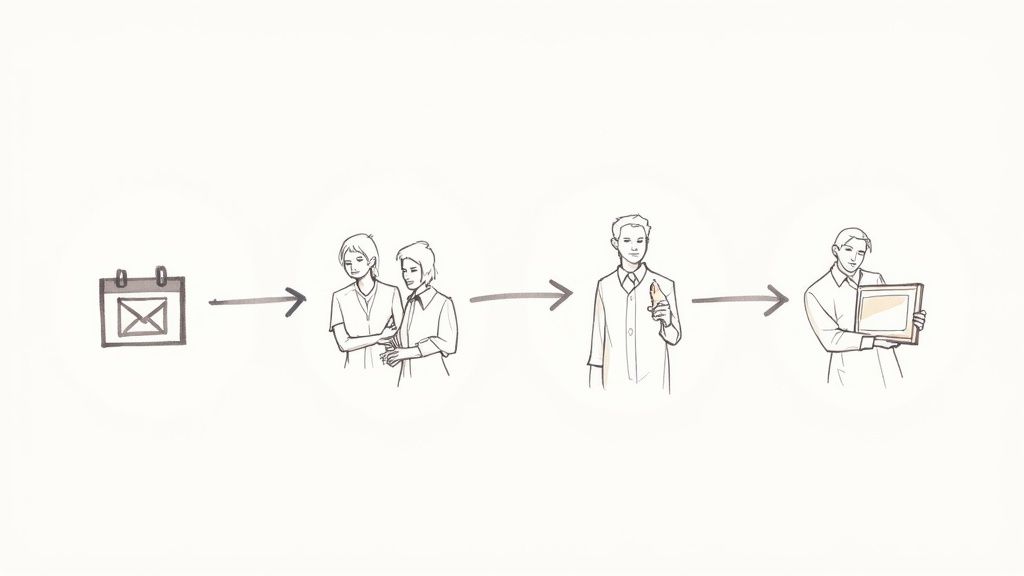A four-step illustration showing the process from scheduling to receiving a framed portrait.