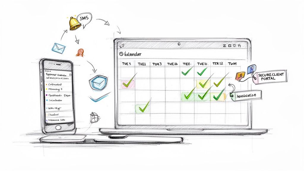 Hand-drawn illustration of digital appointment scheduling across laptop and smartphone with alerts.