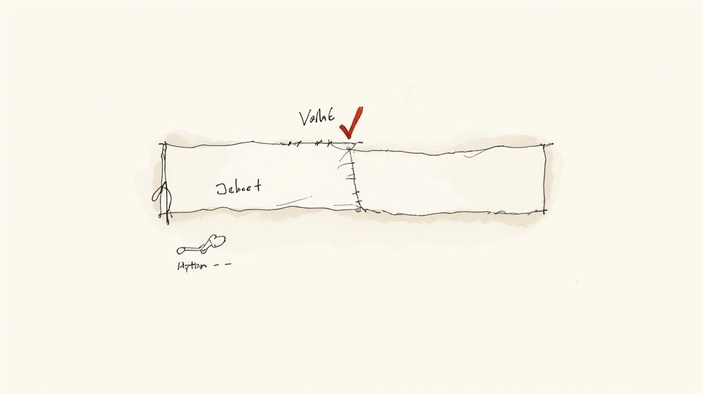 A hand-drawn sketch of a stitched rectangular fabric labeled 'Jeboet' and 'Vallé' with a checkmark.