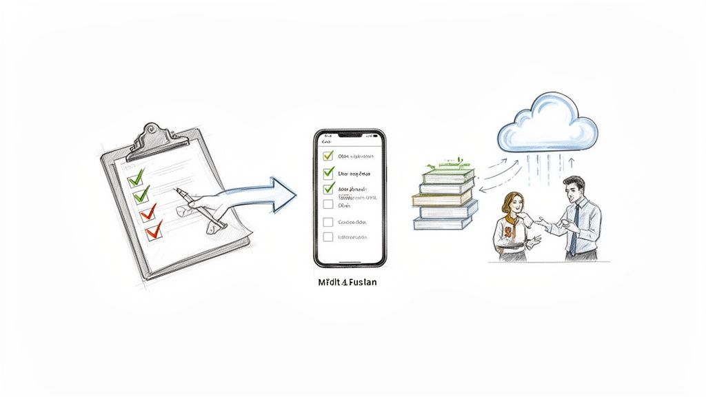 Illustration of a digital workflow: tasks from clipboard to smartphone app, then cloud sync for team.