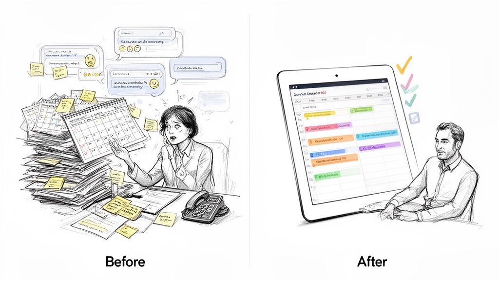 Stressed woman with messy papers and calendars contrasted with a calm man using an organized digital booking system.
