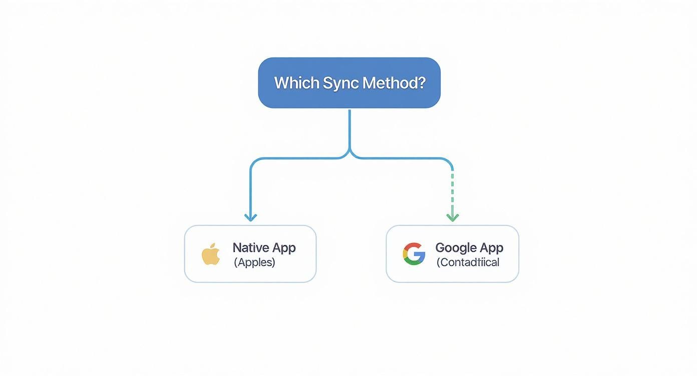 Flowchart showing sync method choices between Native App (Apple) and Google App.
