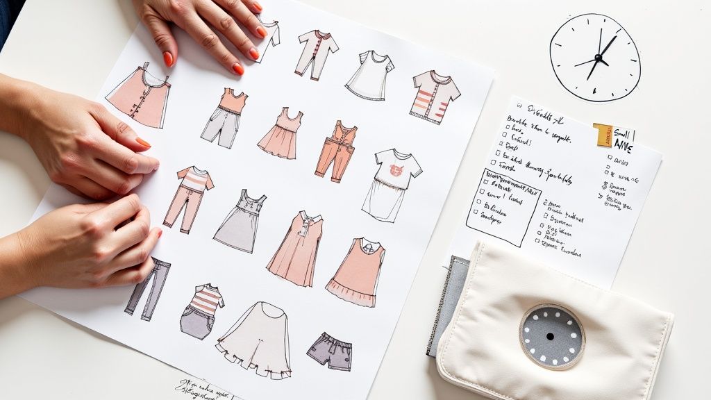 Hands over fashion sketches of children's clothing designs, next to a to-do list and a drawn clock.
