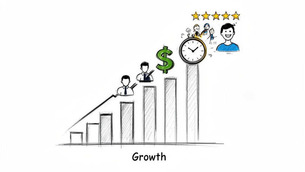 Illustration of a business growth chart with rising bars, people, dollar sign, clock, and customer satisfaction stars.