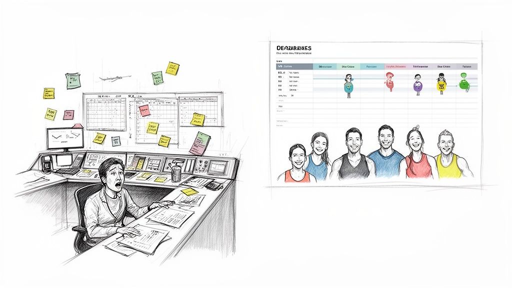 A stressed worker overwhelmed with tasks contrasts with a clean scheduling software interface featuring happy fitness people.