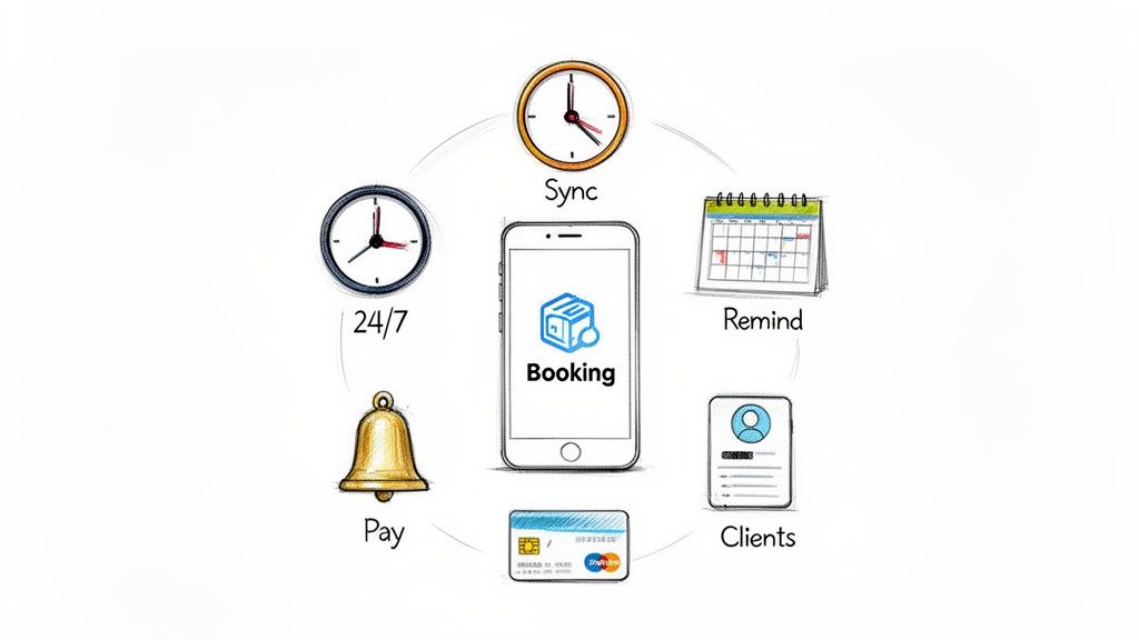 A smartphone booking app illustrating features like 24/7 availability, syncing, reminders, client management, and payment processing.