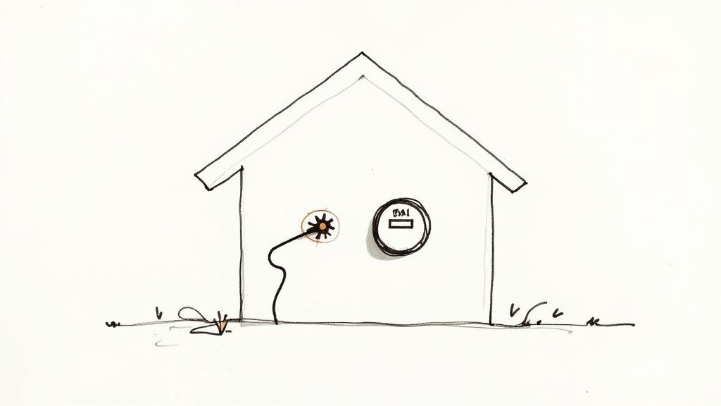 Hand-drawn illustration of a house showing energy connections and utility meters.
