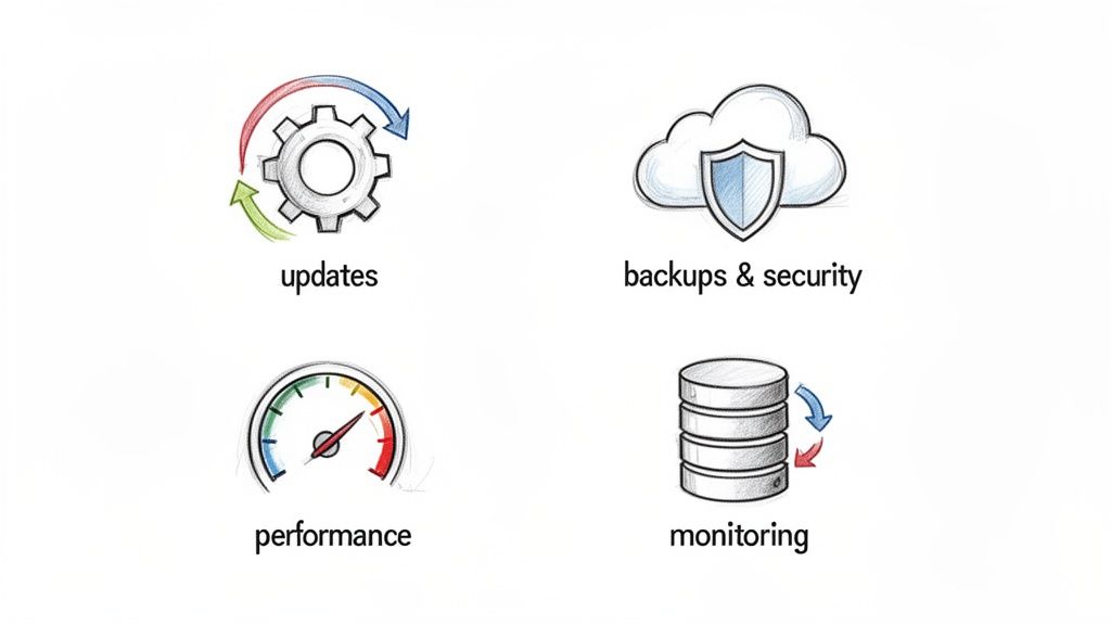 Four icons representing website maintenance services: updates, backups & security, performance, and monitoring.