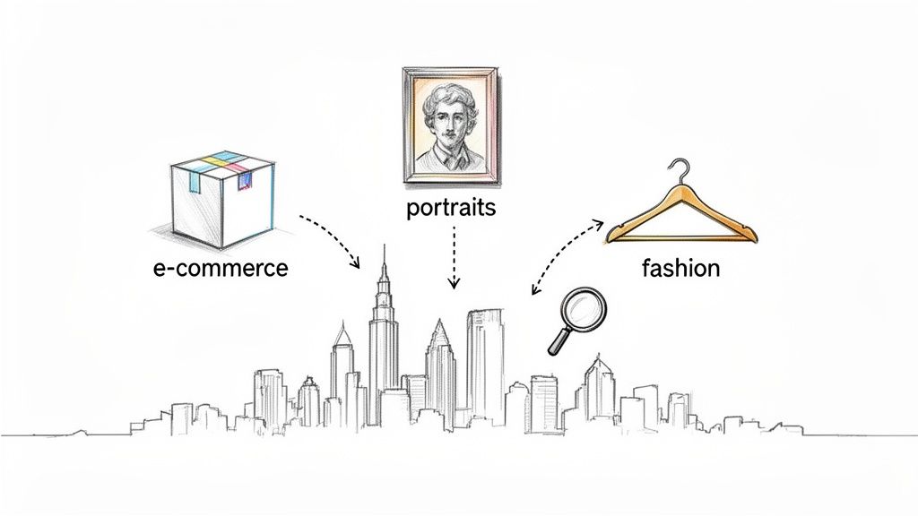 Illustrative sketch showing e-commerce, portraits, and fashion concepts connecting to a city skyline.