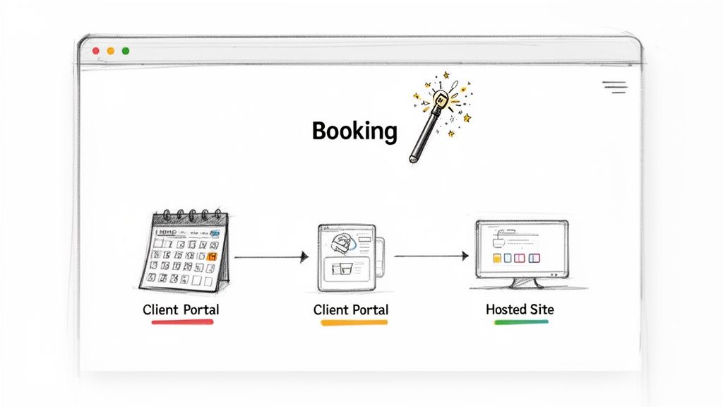 A workflow diagram illustrating the booking process from a client portal to a hosted site.
