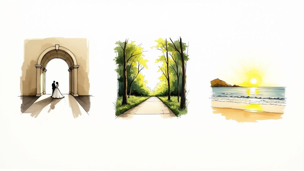 Three distinct watercolor illustrations: a wedding couple under an arch, a forest path, and a beach sunset.