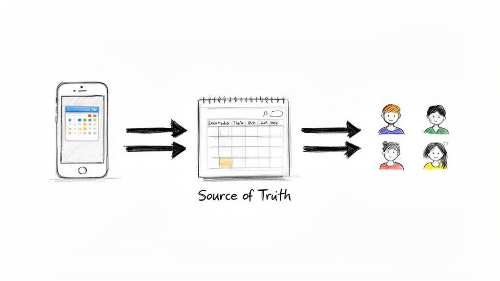 A diagram showing an iPhone calendar app syncing to a central 'Source of Truth' calendar, which then updates four individual users.