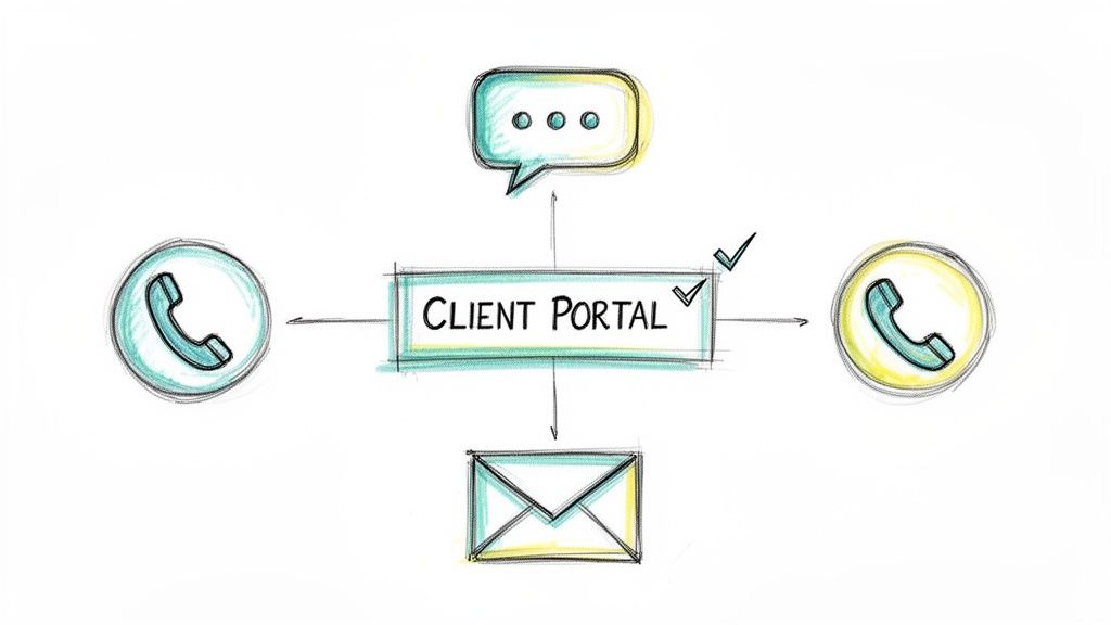 A hand-drawn diagram showing a 'Client Portal' connecting various communication methods like phone, chat, and email.