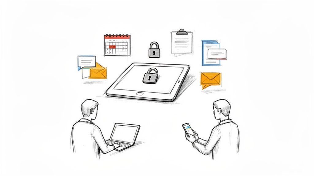 Two people interacting with a secure digital tablet surrounded by protected data icons like mail and calendar.