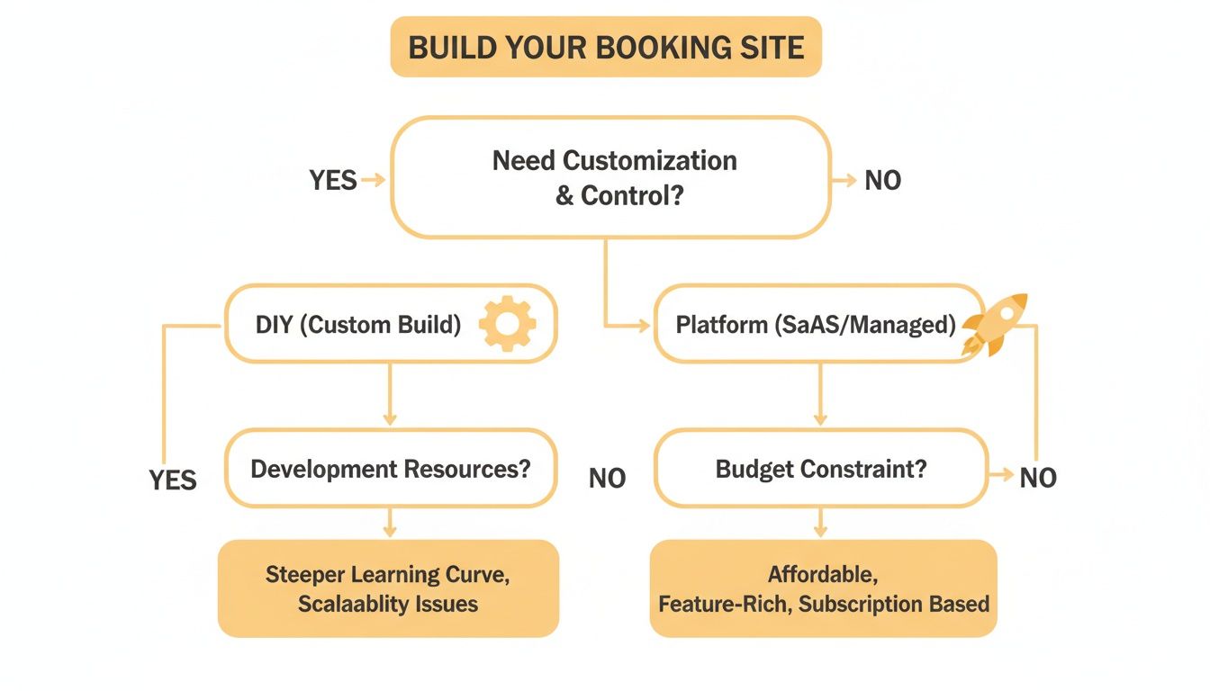 Decision tree for building a booking site, outlining DIY versus platform approaches based on customization and resources.