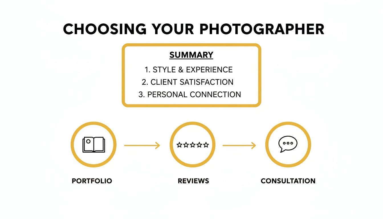 Flowchart outlining the process of choosing a photographer, including summary, portfolio, reviews, and consultation.