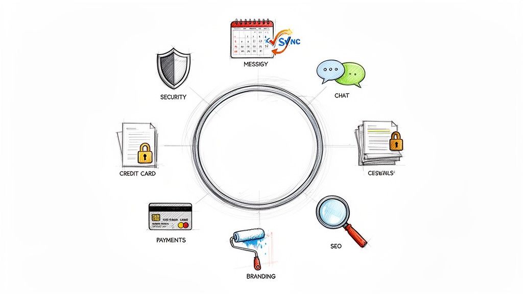 Hand-drawn diagram of business features: security, credit card storage, payments, branding, SEO, credentials, chat, and calendar sync.