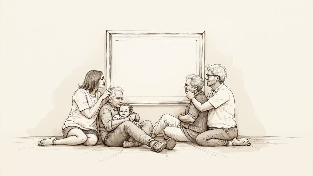 Monochrome sketch of a multigenerational family sitting on the floor, looking at an empty picture frame.