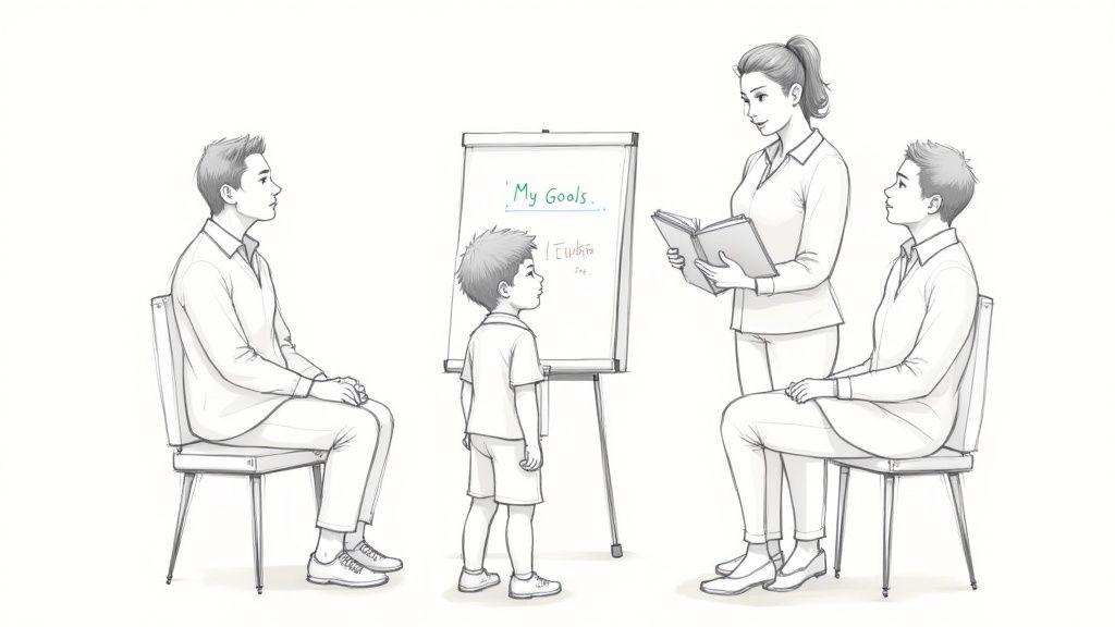 A family of three, including two adults and a child, discuss "My Goals" on a whiteboard.