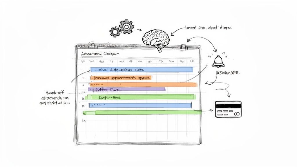 Hand-drawn calendar with auto-blocked slots, personal appointments, buffer time, and icons for brain, reminder, and credit card.