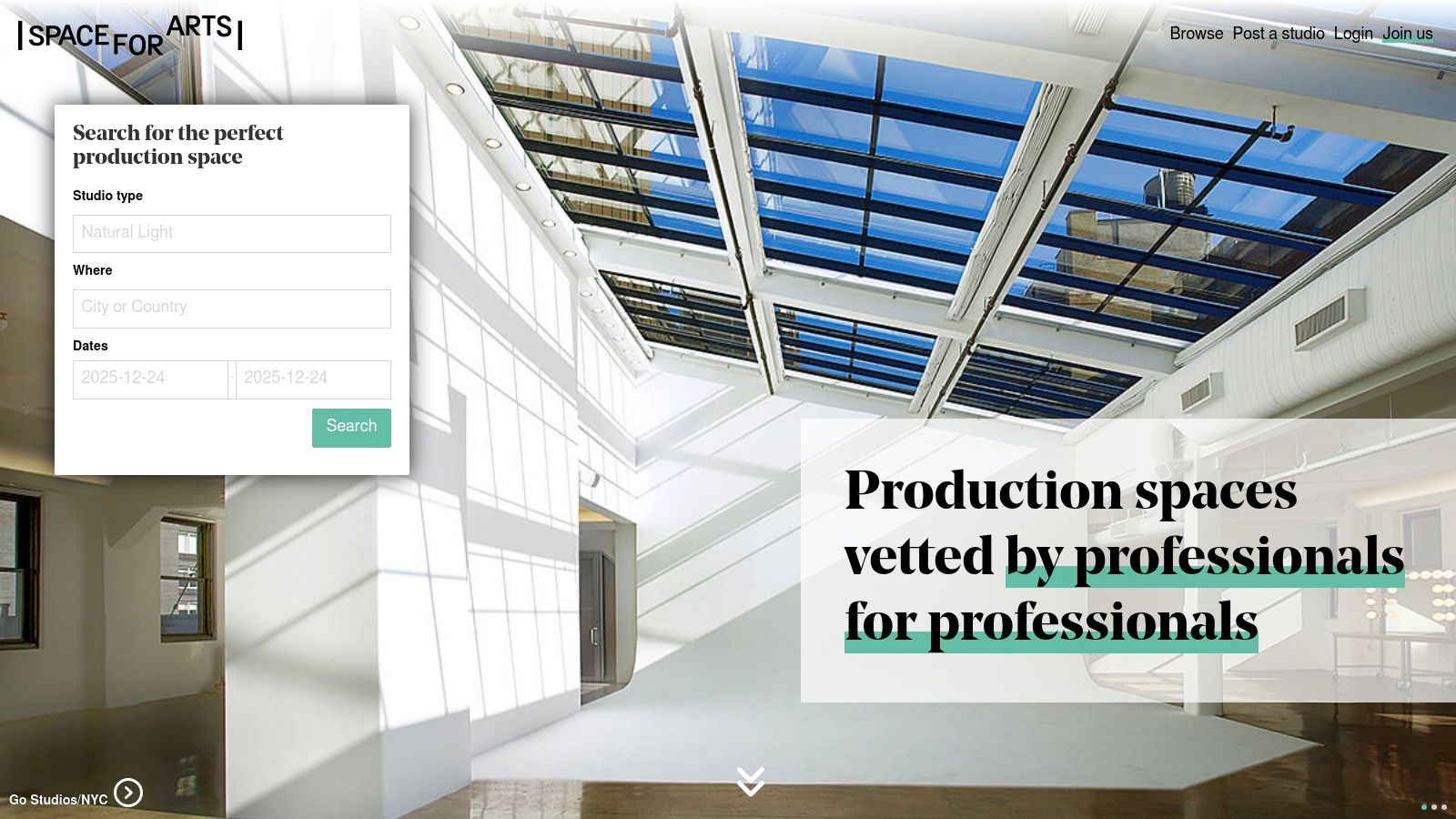 A professional production studio listed on Space for Arts, showing a large white cyclorama wall and professional lighting equipment.