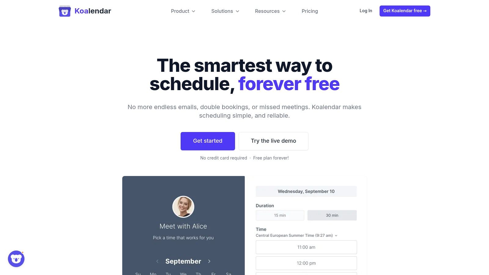 Koalendar's booking page interface.