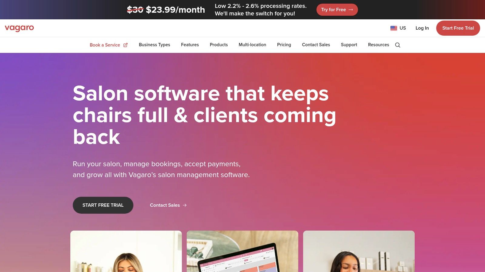 Vagaro salon software interface showing calendar and booking options