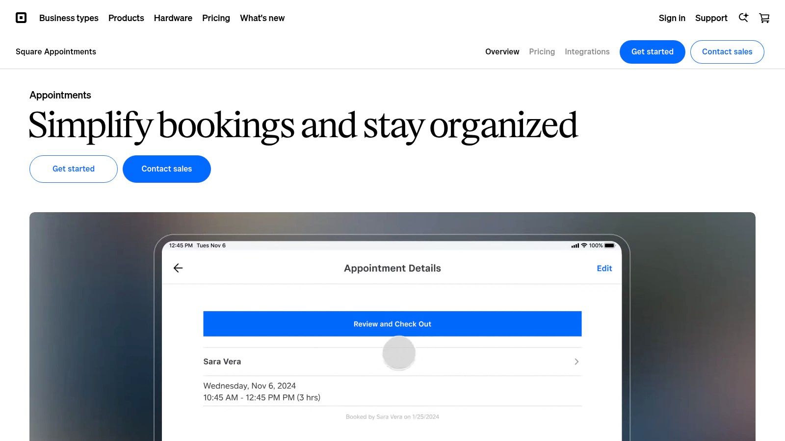 Square Appointments interface showing booking and payment options.