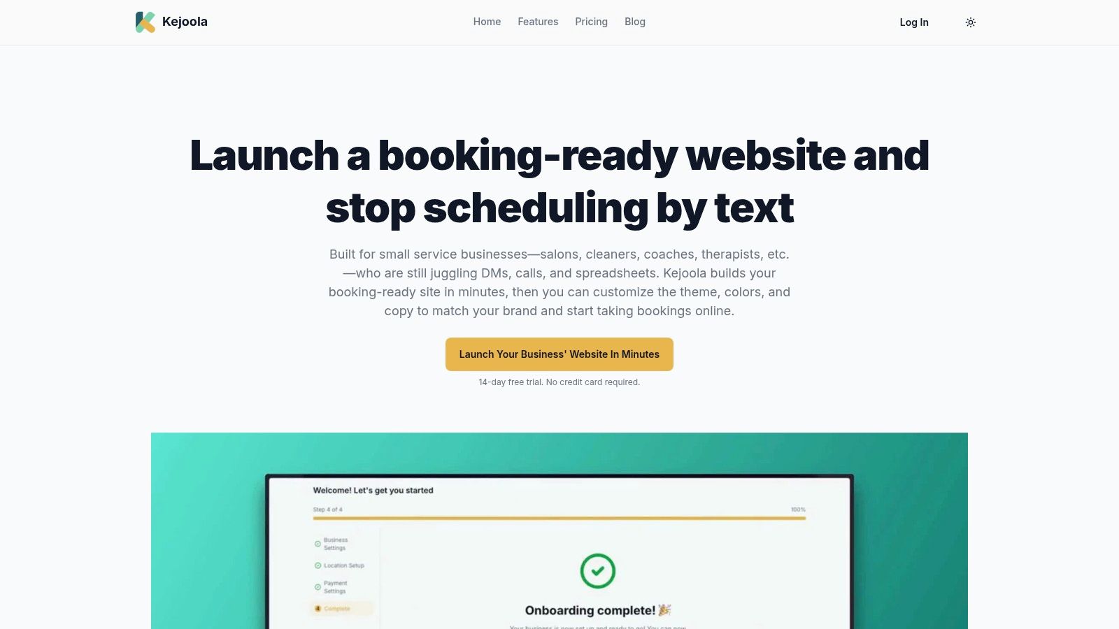 A screenshot of the Kejoola website builder interface, showing how users can customize their professional booking website.