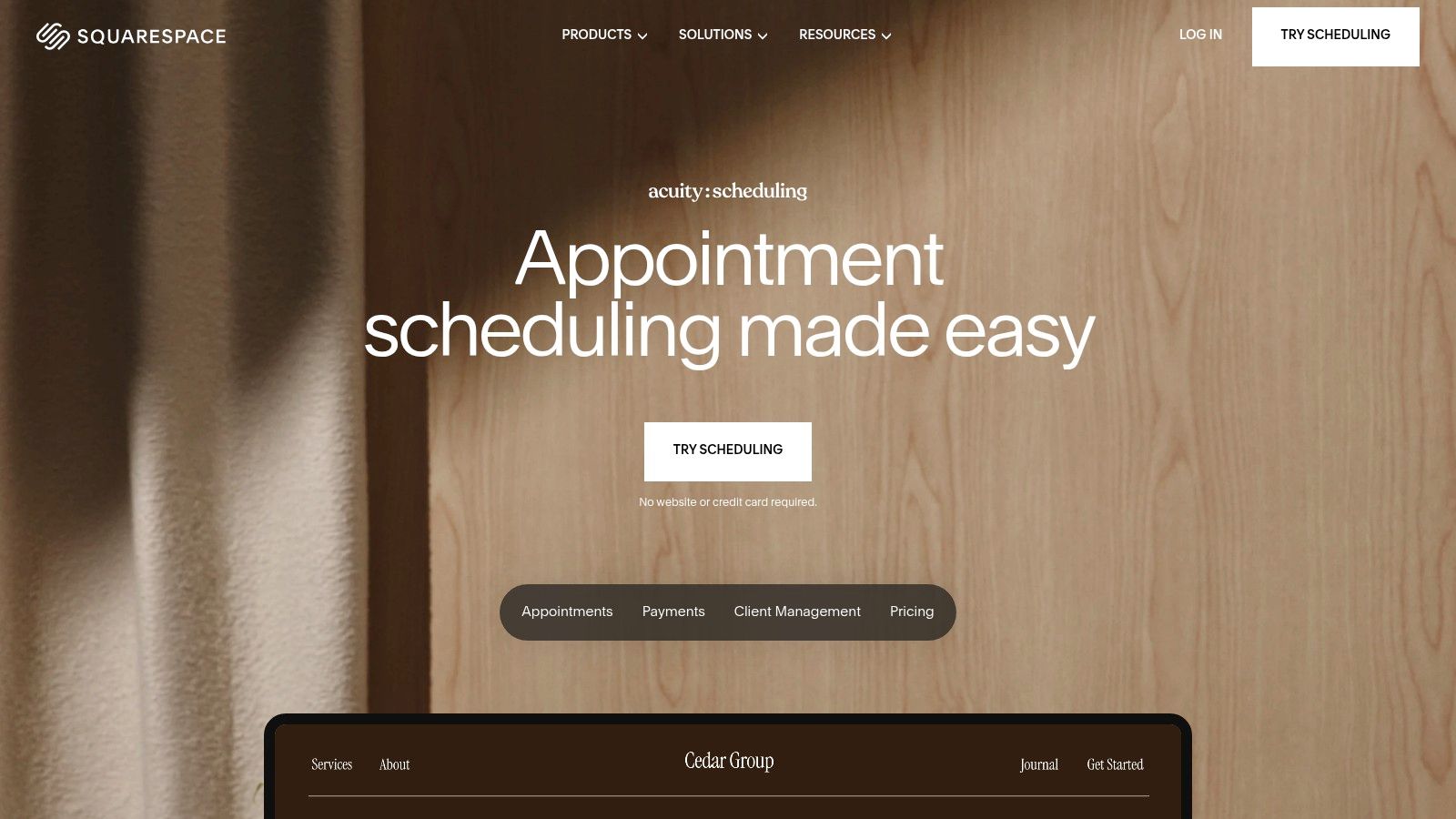 Squarespace Scheduling (formerly Acuity) interface showing appointment booking options