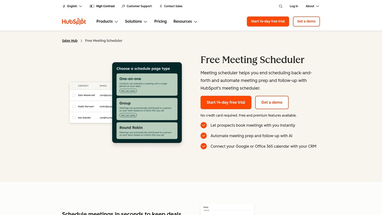 HubSpot Meeting Scheduler showing an integrated booking page.