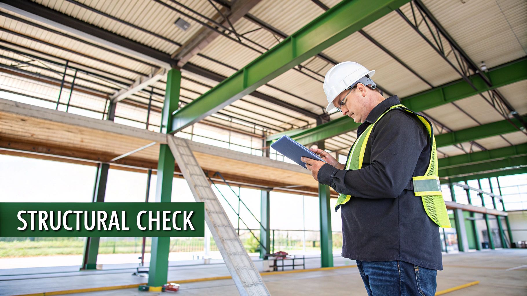 A construction worker in a hard hat and safety vest performs a structural check with a tablet inside a building.