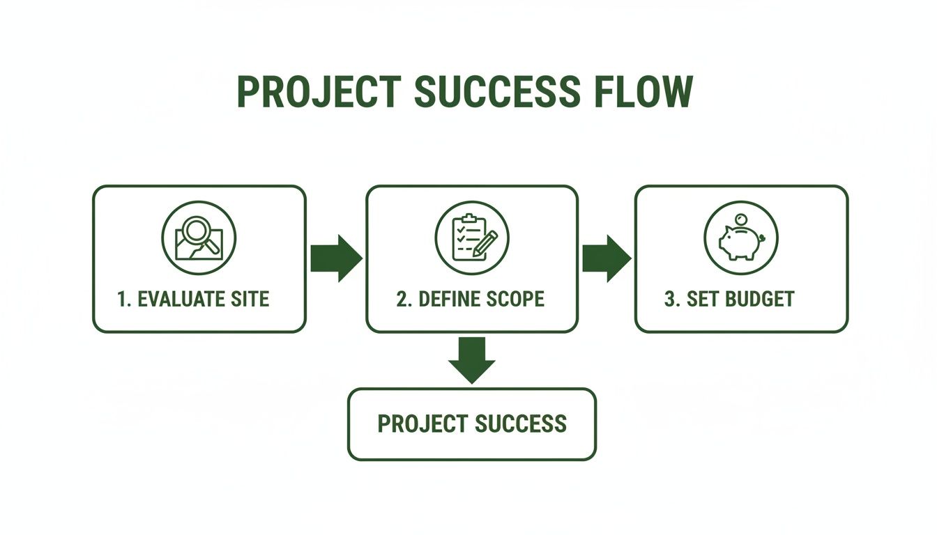 A flowchart illustrates the project success flow with steps: Evaluate Site, Define Scope, and Set Budget.