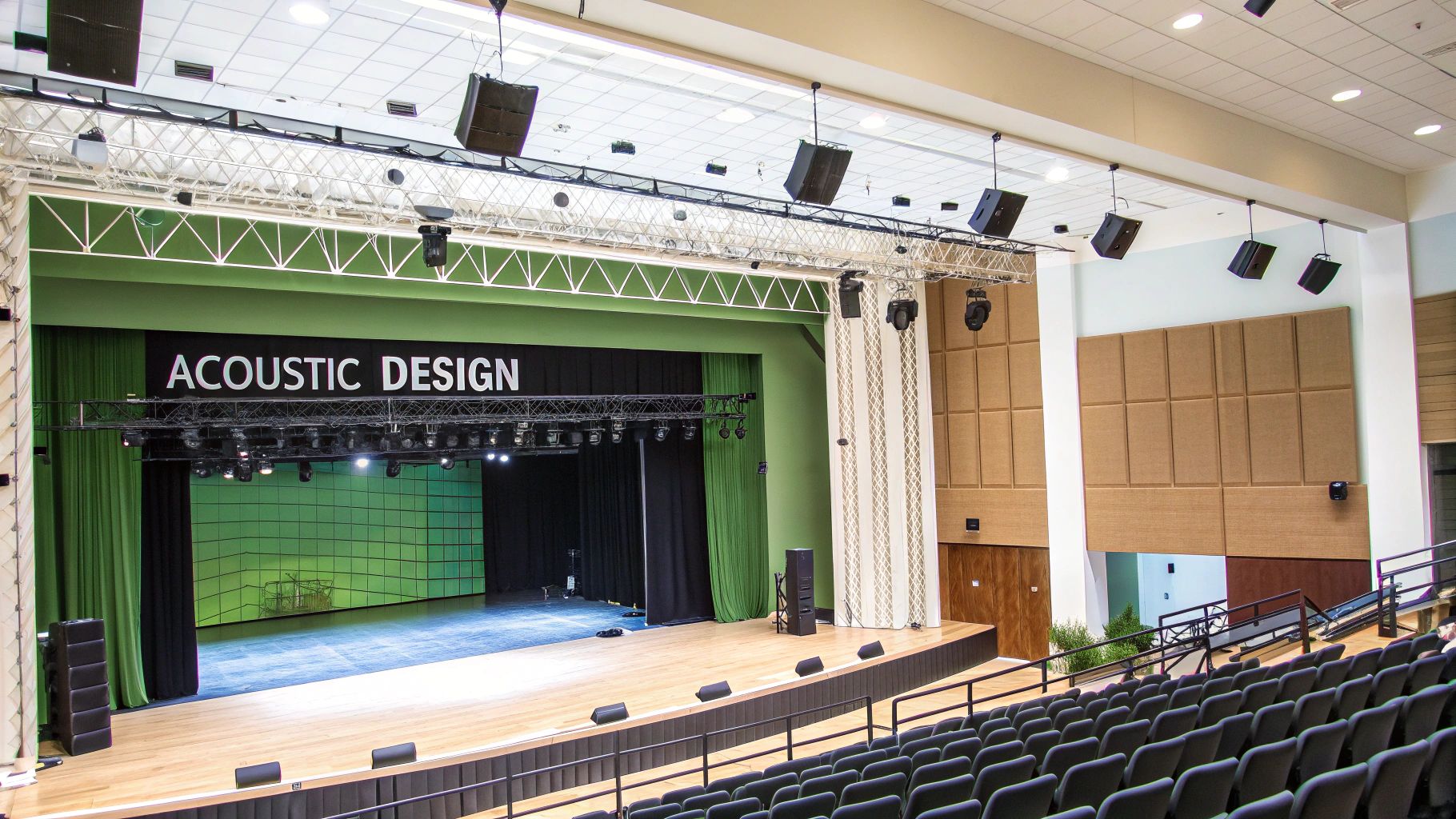 An empty modern theater stage with green and black curtains, acoustic panels, and audience seating.