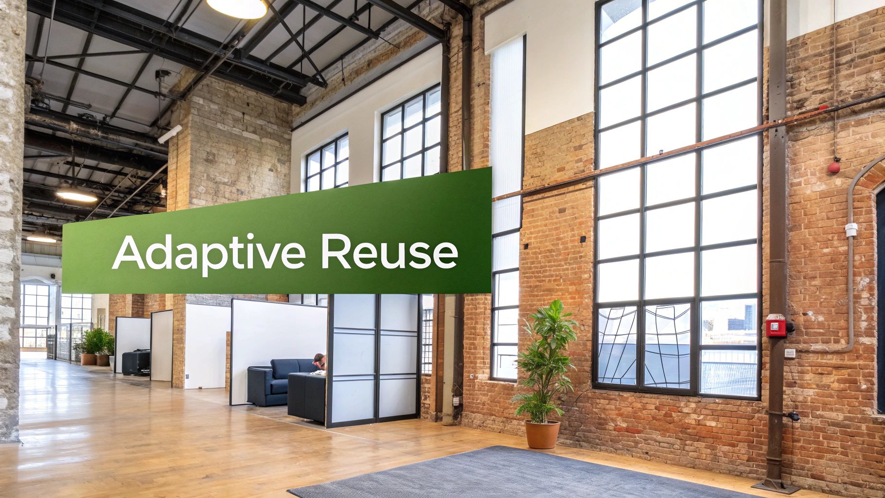 Spacious modern office interior featuring adaptive reuse design with exposed brick and large windows.