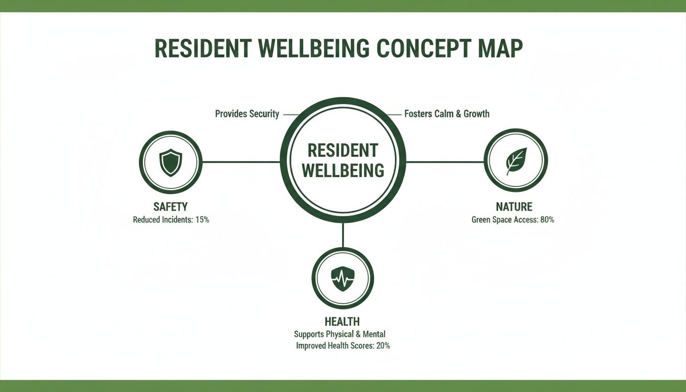A concept map showing Resident Wellbeing connected to Safety, Nature, and Health with key benefits and metrics.