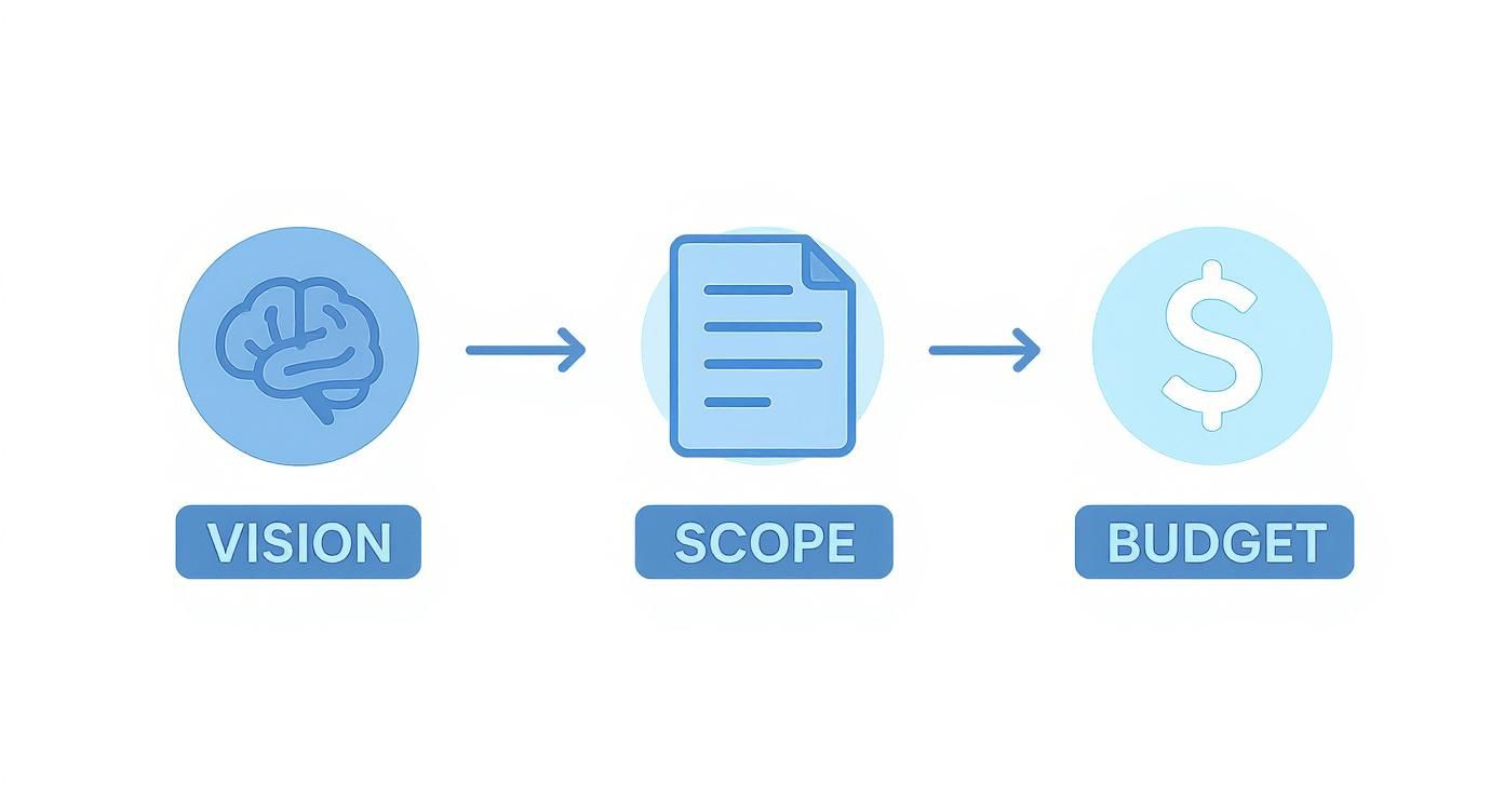A three-step process diagram illustrating the flow from vision to scope to budget for project planning.