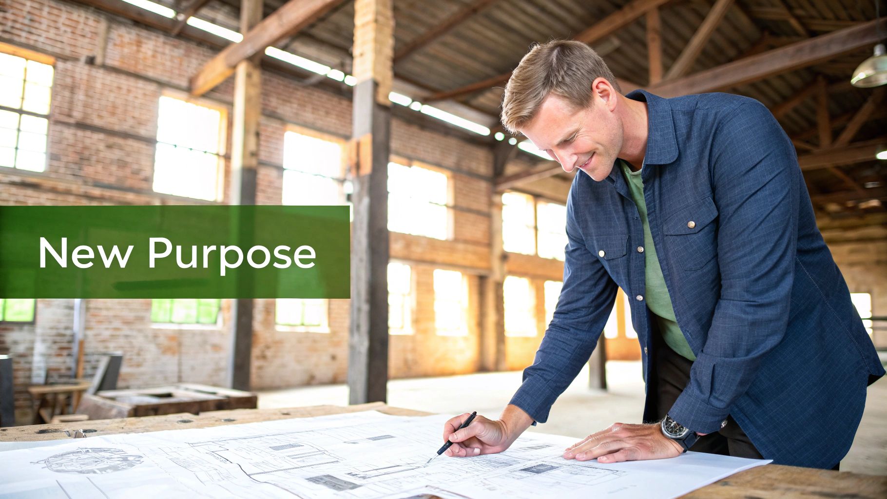 A modern, renovated industrial building with large windows and a clean facade, showcasing adaptive reuse.