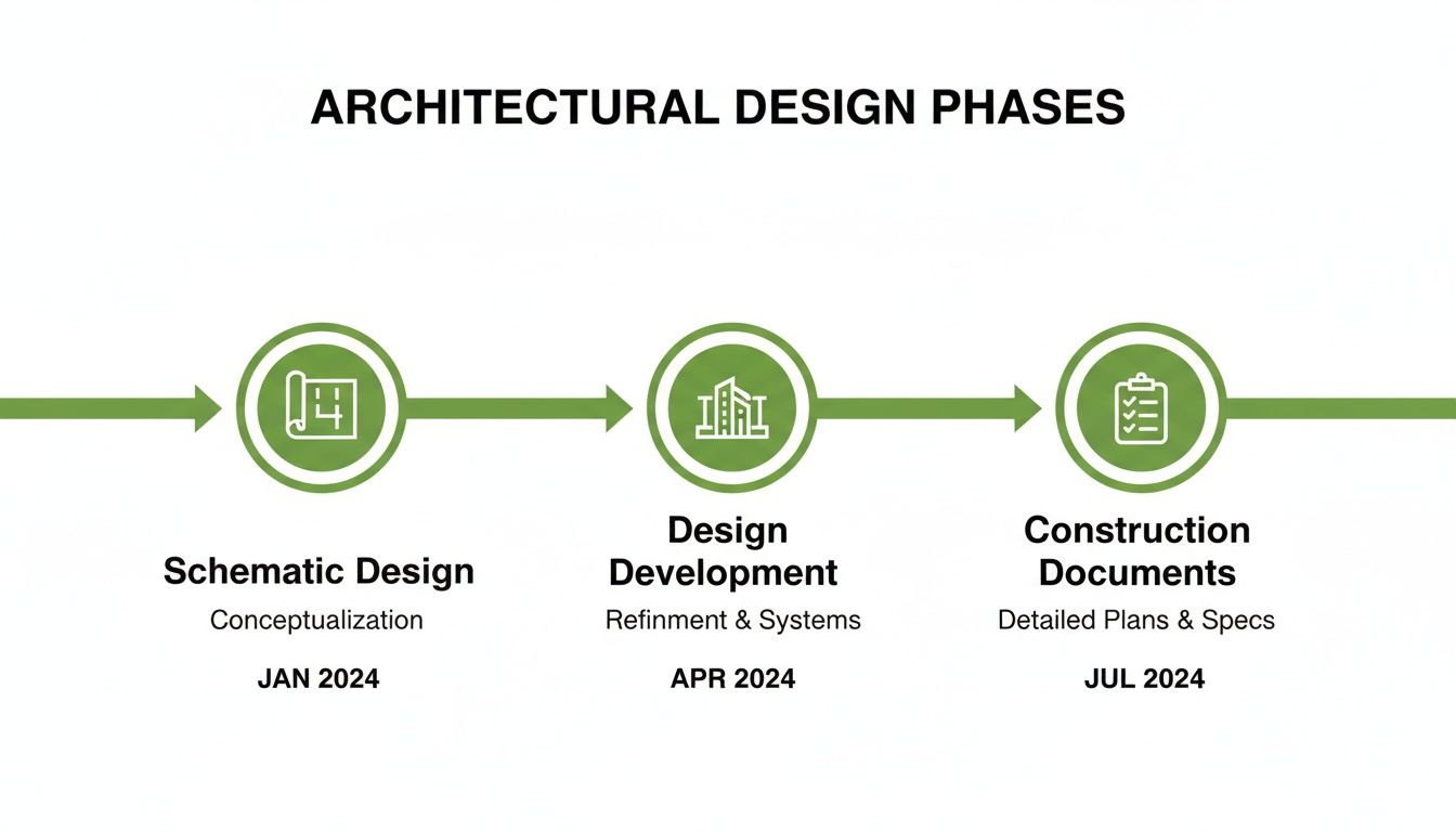 A timeline depicting architectural design phases: Schematic Design, Design Development, and Construction Documents.