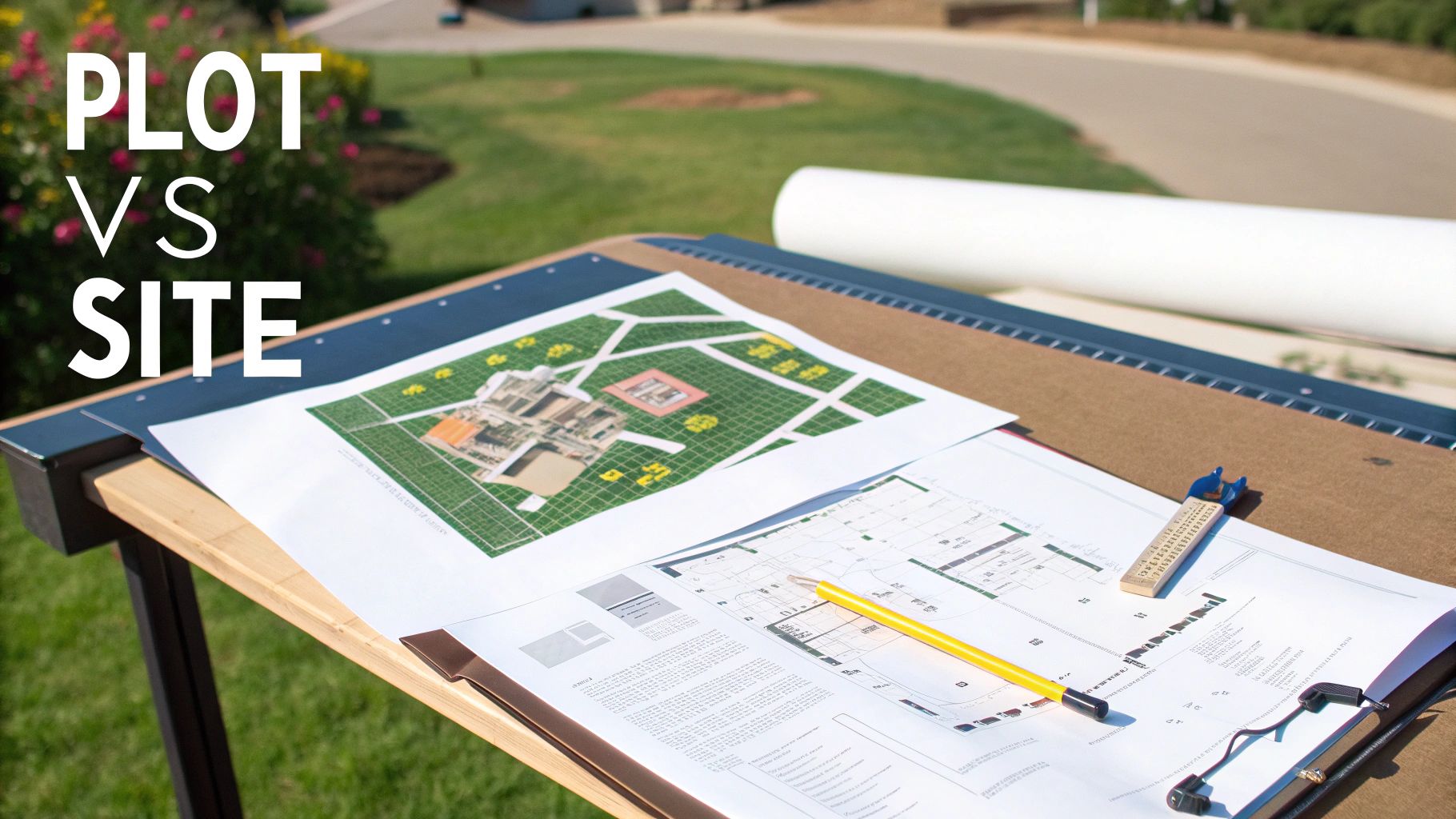 Architectural blueprints and site plans with aerial plot layout displayed on outdoor drawing table