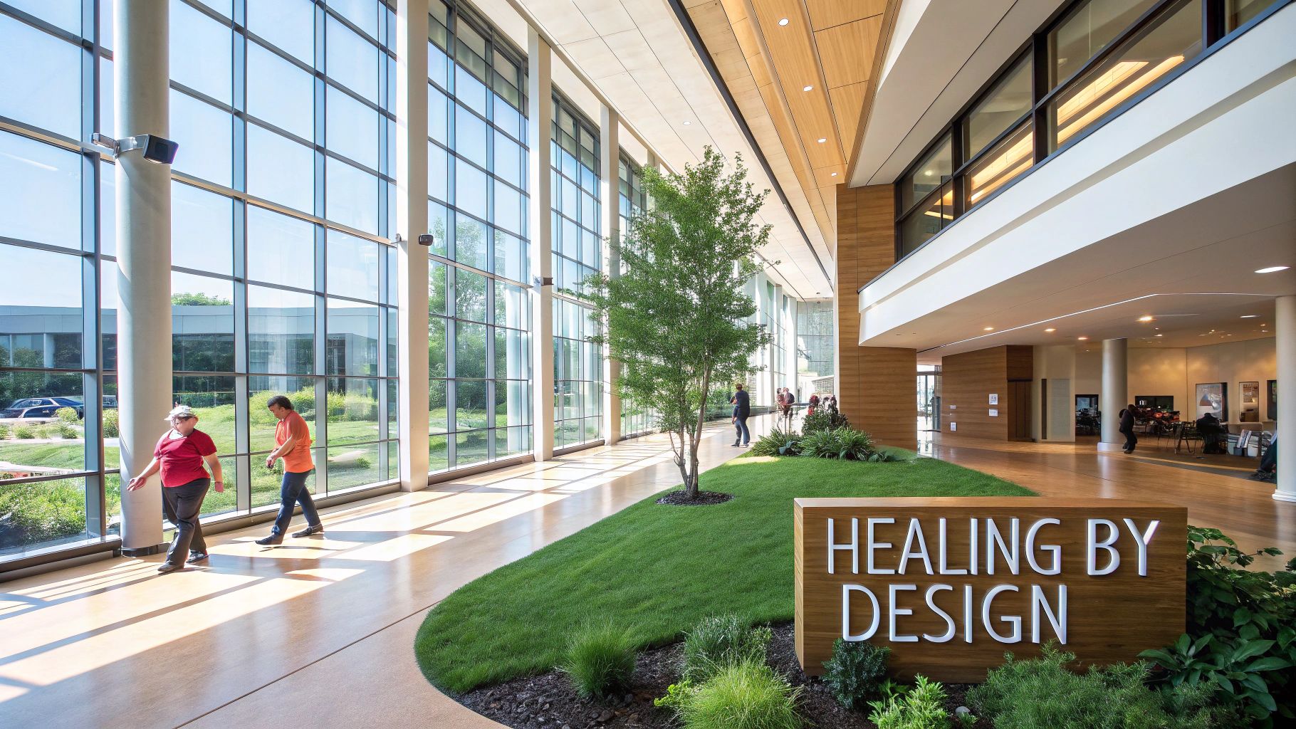 Bright, modern hospital lobby with an indoor tree, large windows, and 'Healing by Design' sign.