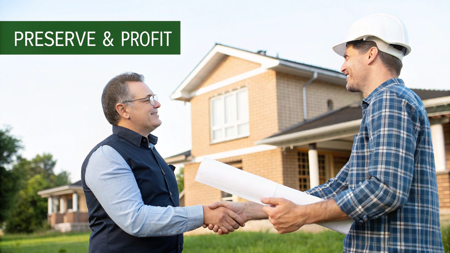 Two men, a construction worker and a client, shake hands with a house in the background.