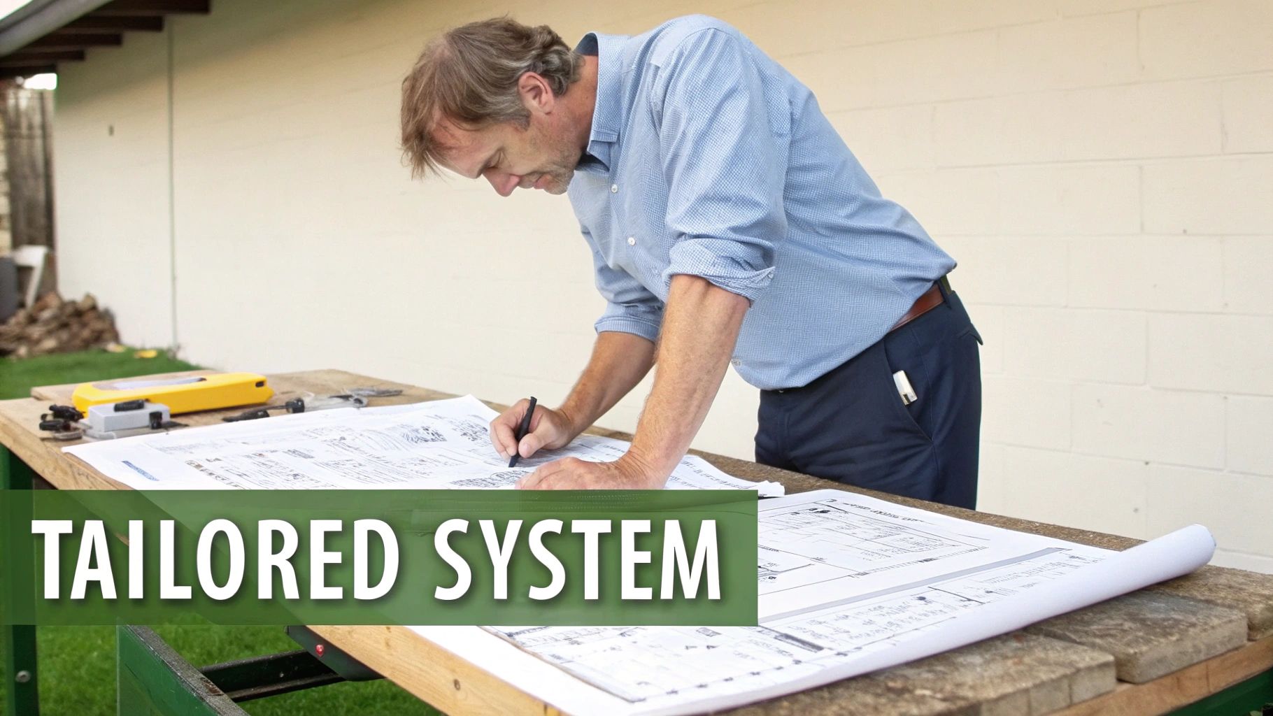 A man in a blue shirt meticulously reviews and writes on construction blueprints on a wooden table outdoors.